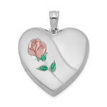 Sterling Silver Rhodium-plated Satin Pink and Green Enameled Rose Heart Locket