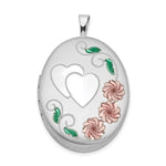 Sterling Silver Rhodium-plated Satin Pink and Green Enamel Diamond-cut Floral and Heart Oval Locket