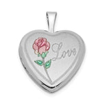 Sterling Silver Rhodium-plated Pink and Green Enameled Rose with LOVE Heart Locket