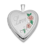 Sterling Silver Rhodium-plated Pink and Green Enameled Floral with LOVE Heart Locket