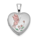Sterling Silver Rhodium-plated Pink and Green Enameled Butterfly with Flowers Heart Locket