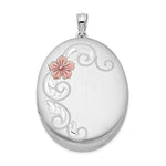 Sterling Silver Rhodium-plated Satin & Enameled Floral Oval Locket