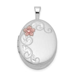 Sterling Silver Rhodium-plated Satin Pink Enameled Flower Scroll Oval Locket