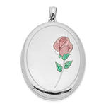 Sterling Silver Rhodium-plated Satin and Polished Pink and Green Enameled Rose Oval Locket