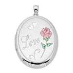 Sterling Silver Rhod-plated Satin Love w/ Enameled Rose Oval Locket