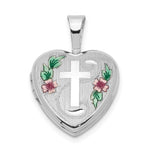 Sterling Silver Rhodium-plated Cross w/ Enamel Flowers Heart Locket