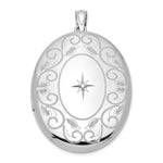 Sterling Silver Rhodium-plated Polished Front/Satin Back Diamond Star with Swirl Border Oval Locket