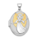 Sterling Silver Rhodium-plated and Gold-plated Guardian Angel Reversible TO WATCH OVER YOU. Oval Locket
