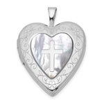 Sterling Silver Rhodium-plated Mother Of Pearl Cross Heart Locket