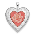 Sterling Silver Rhodium-plated Pink Rose Resin Cameo Heart Locket
