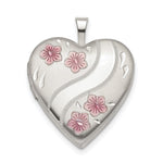 Sterling Silver Rhodium-plated Pink Enamel Flower Heart Locket