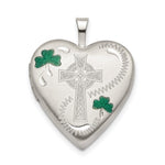 Sterling Silver Rhod-pltd Green Enamel Clover/Cross Heart Locket