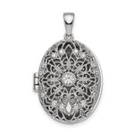 Sterling Silver Rhodium-plated CZ Vintage Filigree Top/Polished Back Oval Locket