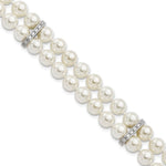 Sterling Silver Rhodium-plated 7- White Imitation Shell Pearl and CZ Hand-knotted Bracelet