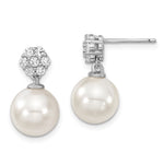 Majestik Sterling Silver Rhodium-plated 10- White Imitation Shell Pearl CZ Post Dangle Earrings