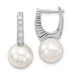 Majestik Sterling Silver Rhodium-plated 10- White Imitation Shell Pearl CZ Hinged Post Dangle Earrings