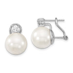 Majestik Sterling Silver Rhodium-plated 12- White Shell Imitation Pearl and Clear CZ Omega Back Post Earrings