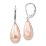 Majestik Sterling Silver Rhodium-plated 10x Teardrop Pink Imitation Shell Pearl Leverback Dangle Earrings