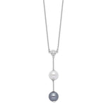 Sterling Silver Rhodium-plated 10- White and Grey Imitation Shell Pearl CZ Y-Drop Spring Ring Clasp Necklace