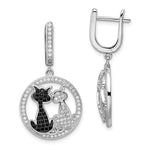 Brilliant Embers Sterling Silver Rhodium-plated 194 Stone Black and White CZ Cat Dangle Hinged Hoop Earrings