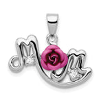 Sterling Silver Rhodium-plated Dyed Pink Aluminum Rose/Clear CZ Mom Pendant