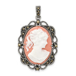 Sterling Silver Antiqued Marcasite and Pink Plastic Cameo Pendant