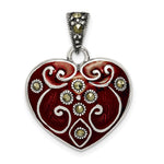 Sterling Silver Antiqued Red Enamel and Marcasite Heart Pendant