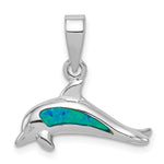 Sterling Silver Rhodium-plated Created Blue Opal Inlay Dolphin Pendant