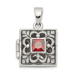 Sterling Silver Rhod-plated Polished/Antiqued Garnet Square Locket