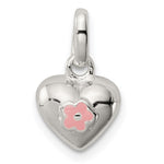 Sterling Silver Polished Pink Enamel Flower on Heart Pendant