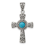 Sterling Silver Antiqued Reconstructed Turquoise with Hearts Cross Pendant