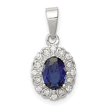 Sterling Silver RH-plated Polished CZ & Created Sapphire Oval Halo Pendant