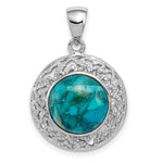 Sterling Silver Rhodium-plated Round Reconstituted Turquoise Cabochon in Filigree Frame Pendant