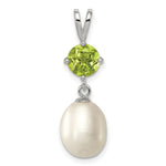 Sterling Silver Rhodium-plated 8- White Teardrop Freshwater Cultured Pearl and .90PE Peridot Pendant