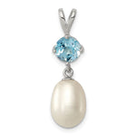 Sterling Silver Rhodium-plated 8- White Teardrop Freshwater Cultured Pearl and 1.05BT Blue Topaz Pendant