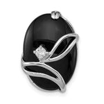 Sterling Silver Rhodium-plated Oval Onyx and CZ Leaves Chain Slide
