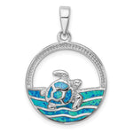 Sterling Silver Polished Blue Lab Created Opal Swimming Sea Turtle Circle Pendant