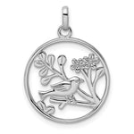Sterling Silver Rhodium-plated Polished Bird and Flowers in Round Frame Pendant