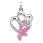 Sterling Silver Rhodium-plated Pink Enamel CZ Awareness Ribbon Heart Pendant