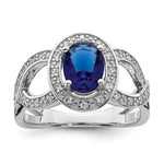 Sterling Silver Rhodium plated Dark Blue Glass & CZ Ring