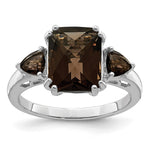 Sterling Silver Rhodium Octagonal Checker-Cut Smoky Quartz Ring