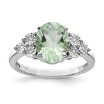 Sterling Silver Rhodium Diam. & Oval Green Quartz Ring