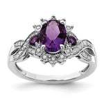 Sterling Silver Rhodium-plated Diamond & Oval Amethyst Ring