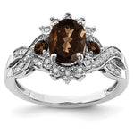 Sterling Silver Rhodium Diam. & Oval Smoky Quartz Ring