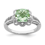Sterling Silver Rhodium Checker-Cut Green Quartz & Diam. Ring