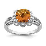 Sterling Silver Rhodium Checker-Cut Whiskey Quartz & Diam. Ring