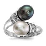 Sterling Silver Rhodium-plated 7- Black and Grey Rice Freshwater Cultured Pearl and CZ Ring