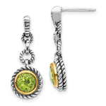 Shey Couture Antiqued Sterling Silver with 14K Gold-plated Accent Round Bezel Peridot Post Dangle Earrings