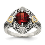 Shey Couture Sterling Silver with 14K Accent Antiqued Diamond and Checkerboard Cushion Garnet Ring