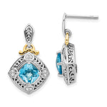 Shey Couture Sterling Silver with 14K Accent Antiqued Diamond and Cushion Blue Topaz Post Dangle Earrings